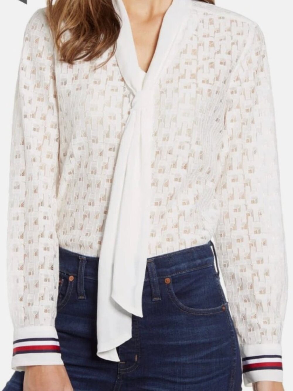 Tommy Hilfiger Tie Neck White Lace Blouse - Size XS